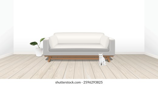 Living room with blank white wall and whitewashed wooden floor have sofa, plant pot and cat graphic illustration.