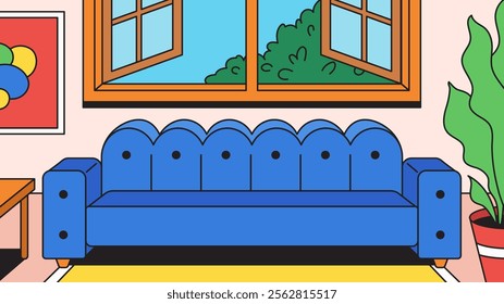 Living room with blue couch and window with nature background surrounded by bright decor in a cozy living space in cartoon background illustration