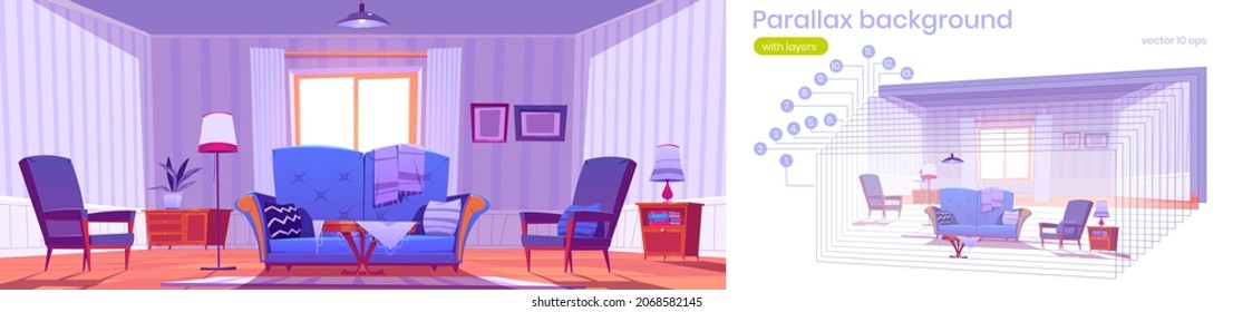 Living room with blue sofa, armchair, coffee table and lamp. Vector parallax background for 2d animation with cartoon interior with vintage furniture, couch with pillows and carpet