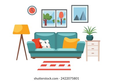 Living room. A blue sofa, pillows on the sofa, paintings on the wall, a flowerpot, a bedside table, a small rug on the floor