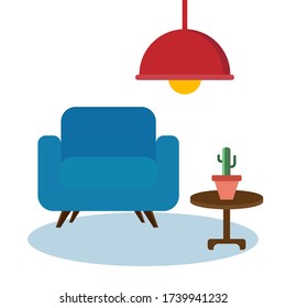 living room with blue sofa and red lamp , cozy place to relax , vector , illustrator.