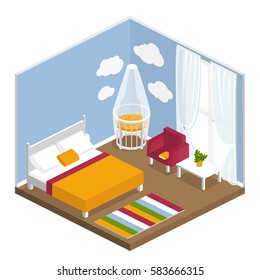 living room with blue walls and a large window in isometric view. Interior bedroom with large double bed cot chair table flower pot,carpet.vector illustration of isolated layers on a white background