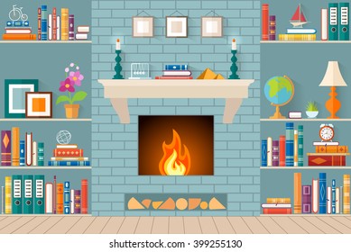 living room with bookshelves, fireplace. Flat style vector illustration. Interior design.
