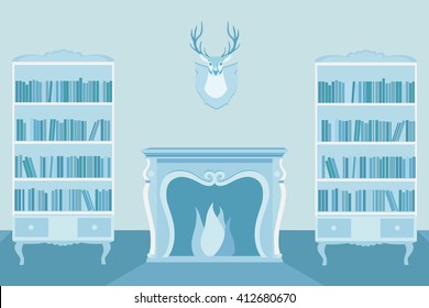 Living room with bookshelves and fireplace. Vector illustration
