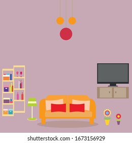  Living room bright interior design with furniture: sofa,TV,chandelier, flowerpot, Flat style vector illustration, flat design.