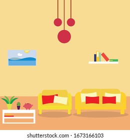  Living room bright interior design with furniture: sofa,chandelier, flowerpot,. Flat style vector illustration, flat design.