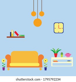  Living room bright interior design with furniture: sofa,chandelier, flowerpot,. Flat style vector illustration, flat design.