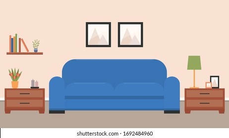 Living room with a bright sofa. Vector illustration