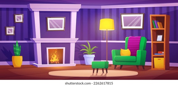 Living room with burning fireplace. Vector cartoon illustration of retro style home interior with armchair, floor lamp, books on shelf in bookcase, blank picture frames on purple walls, potted plants