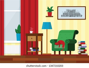 Living room by day light with furniture and a cat lying on a green armchair.  Simple illustration. Nice as inspiration. Vector cozy room interior with books, window and armchair. - Vector 