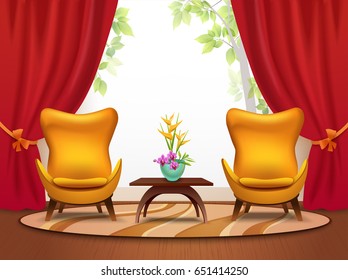 Living room cartoon interior with armchair table and vase cartoon vector illustration