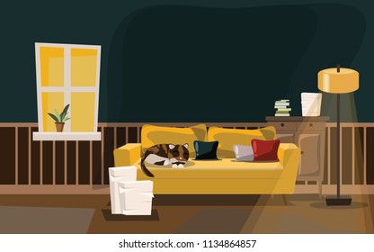 sala de estar con gato en la ilustración del sofá vectorial 