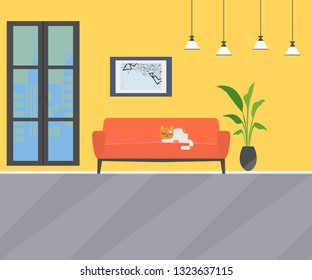 Living room with a cat on a sofa. Interior design of a living room for web site, print, poster, presentation, infographic. Flat style vector illustration.