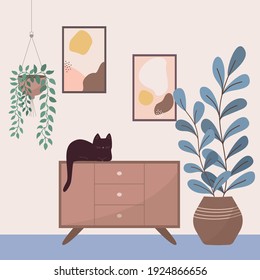 Living room. The cat sleeps on the chest of drawers. Flowers in pots. Vector flat illustration.