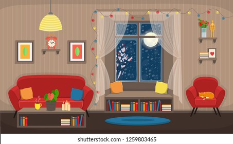 Living room with chair, sofa, window, bookshelf. Flat сozy interior in cartoon style.