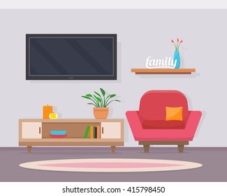 Living room with chair and television. Cozy home interior.  Flat style vector illustration.