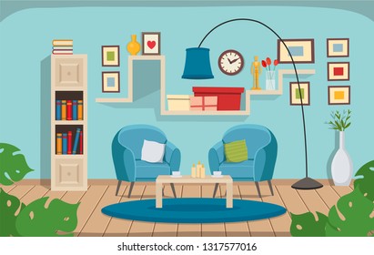 Living room with chairs, bookshelf, lamp. Flat сozy interior in cartoon flat style.