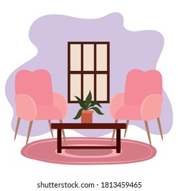 living room chairs table potted plant and window vector illustration
