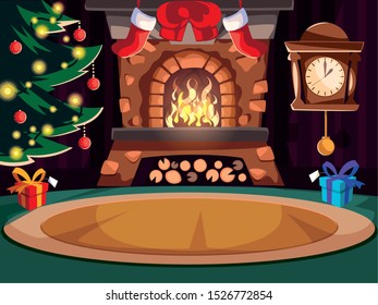 living room with chimney and christmas decoration vector illustration design