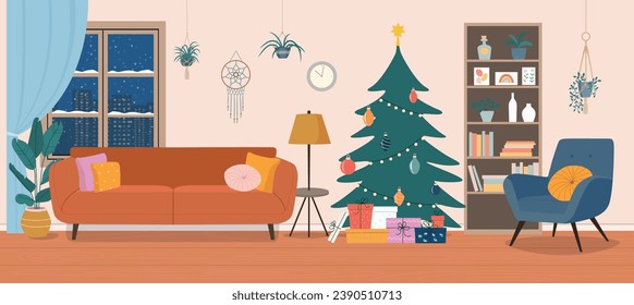 Living room Christmas interior. Comfortable sofa, Christmas tree,  window, chair and house plants. Vector flat illustration