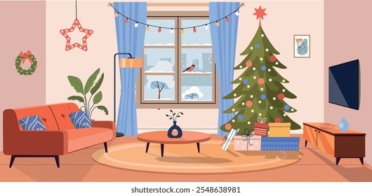 Wohnzimmer Weihnachten Interieur. Komfortables Sofa, Weihnachtsbaum, Fenster und TV. Flache Vektorgrafik