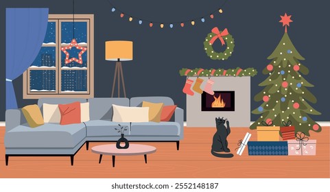 Living room Christmas interior. Comfortable sofa, fireplace, window and Christmas tree. Vector flat cartoon illustration