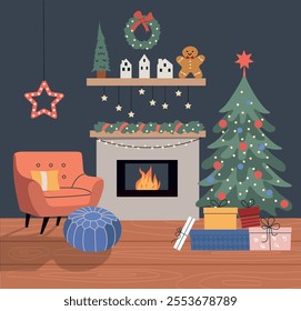 Living room Christmas interior. Comfortable chair, Christmas tree,  fireplace and gift boxes. Vector flat cartoon illustration