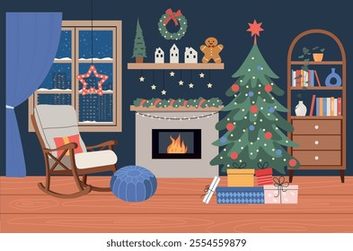 Living room Christmas interior. Comfortable rocking chair, Christmas tree,  fireplace, window and gift boxes. Vector flat cartoon illustration