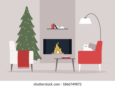 A living room Christmas interior design, a Xmas tree and armchairs, a cozy fireplace, winter holidays