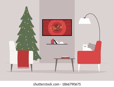 A living room Christmas interior design, a Xmas tree, and armchairs, seasonal movies, winter holidays