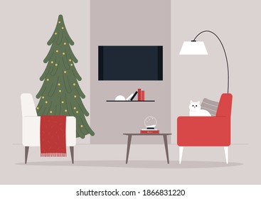 A living room Christmas interior design, a Xmas tree, and armchairs, winter holidays