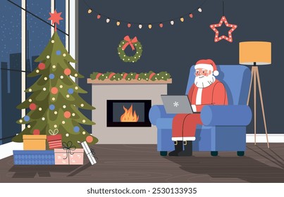 Navidades de salón interior. Papá Noel mira una computadora portátil en la silla. Vector plana ilustración de dibujos animados