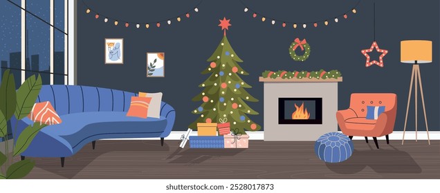 Living room Christmas interior. Christmas tree,  window, chair, sofa and fireplace.Vector flat  cartoon illustration