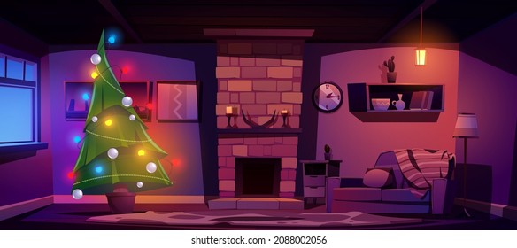 Living room with Christmas tree, fireplace and sofa at night. Vector cartoon illustration of home interior with New Year decoration, Xmas fir with silver balls and garland