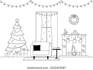 Living room with Christmas tree, gifts, fireplace and armchair. Black and white vector illustration.