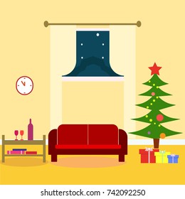 Living room with christmas tree, sofa and snowfalli behind the window. vector illustration.