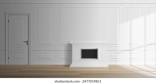 living room classic interior with door and fireplace wall panels vector illustration