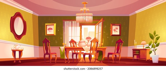 Living room in classic style, empty interior with served dining table and chairs front of open balcony. Comfortable luxury apartments with retro furniture and wide window, Cartoon vector illustration