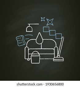 Living room cleaning chalk icon. Home cleanup. Sofa dry. Clutter cleanup. Mopping, wiping, dusting. Cleaning service concept. Isolated vector illustration