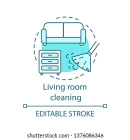 Living room cleaning concept icon. Home cleanup idea thin line illustration. Mopping, wiping, dusting. Clutter clearing. Sofa dry cleaning. Vector isolated outline drawing. Editable stroke