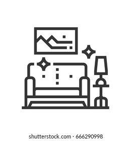 Living room cleaning icon, part of the square icons, cleaning service icon set. The illustration is a vector, editable stroke, thirty-two by thirty-two matrix grid, pixel perfect file.