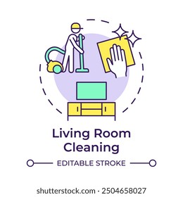 Living room cleaning multi color concept icon. Sweeping floors, housekeeper. Cleaner service. Round shape line illustration. Abstract idea. Graphic design. Easy to use in infographic, presentation