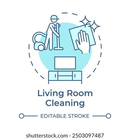 Living room cleaning soft blue concept icon. Sweeping floors, housekeeper. Cleaner service. Round shape line illustration. Abstract idea. Graphic design. Easy to use in infographic, presentation