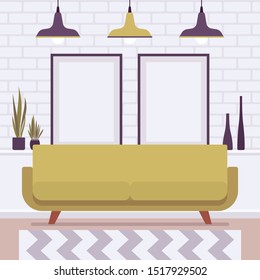 Living room with coach interior and design. Comfortable sofabed, modern minimalist creative pendent lighting in industrial style, chevron patterned floor carpet. Vector flat style cartoon illustration