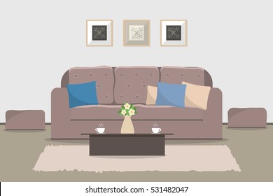 Living room in a cocoa color. There is a sofa, a two chairs, table, pictures on the wall and other objects in the image. Vector flat illustration