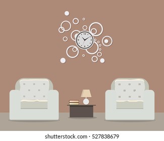 Living room in coffee color. There is a two white armchairs, a round clock on the wall and other objects in the picture. Vector flat illustration