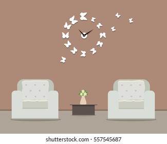 Living room in a coffee color. There are two white armchairs, a big clock in a shape of butterflies on the wall and other objects in the picture. Vector flat illustration