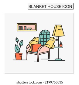 Living Room Color Icon. Comfortable Stylish Room In House. Cozy Lounge Zone. Armchair With Pillows, Floor Lamp,houseplant.Blanket House Concept. Isolated Vector Illustration