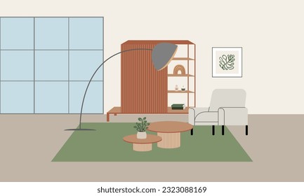 Living room with comfortable armchair, cabinet, lamp and other decor. Interior design furniture vector flat illustration in japandi or scandinavian minimal style