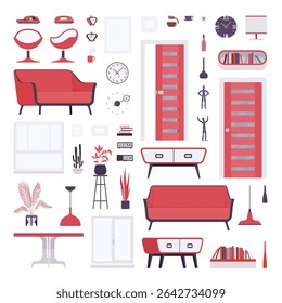 Living room comfortable furniture and functional space objects interior pack. Bright colors making room space feel inviting interior design industry and decor, lighting solutions. Vector illustration